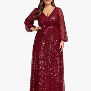 Plus Size Sequin V-Neck Long Sleeve Dress in Burgundy